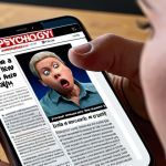 **Psychology of Fake News:** A person clicking on a shocking news article on a smartphone, displaying an exaggerated headline. The user looks surprised and concerned.