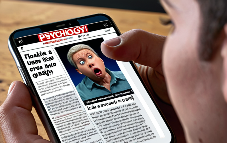 **Psychology of Fake News:** A person clicking on a shocking news article on a smartphone, displaying an exaggerated headline. The user looks surprised and concerned.