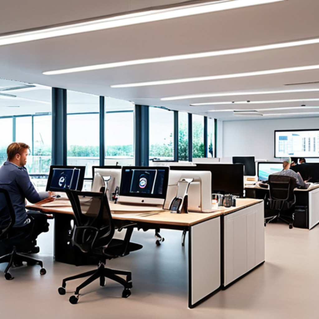 **Digital Transformation in a German Company:** A modern, open-plan office in Germany. Employees collaborate using tablets and laptops. A large screen displays data visualizations and charts. The overall atmosphere is dynamic and innovative. Consider a well-known German brand for context.