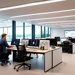 **Digital Transformation in a German Company:** A modern, open-plan office in Germany. Employees collaborate using tablets and laptops. A large screen displays data visualizations and charts. The overall atmosphere is dynamic and innovative. Consider a well-known German brand for context.