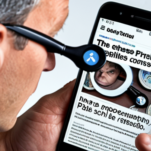 **A skeptical person with a magnifying glass examining a sensational headline on a smartphone screen. Fact-checking websites and browser extensions icons float around them. The overall tone is cautious and investigative.**