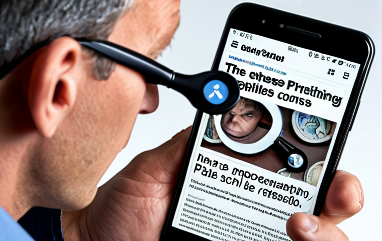 **A skeptical person with a magnifying glass examining a sensational headline on a smartphone screen. Fact-checking websites and browser extensions icons float around them. The overall tone is cautious and investigative.**