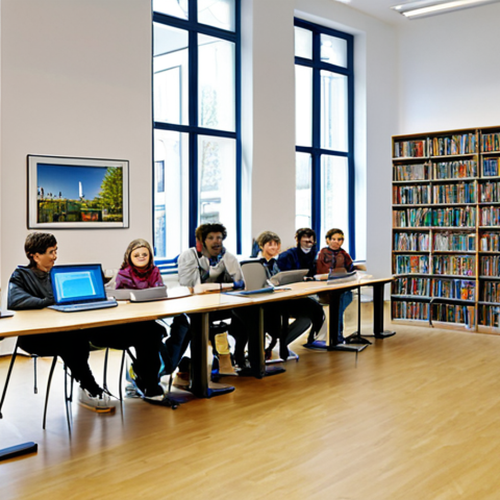 Medienkompetenz im Alltag**

"A bright and inviting public library in Berlin, Germany, featuring a diverse group of adults and teenagers participating in a media literacy workshop. The participants are attentively listening to a presenter at the front. The room is filled with natural light and modern technology, including laptops and interactive displays. Fully clothed, appropriate attire, safe for work, professional setting, perfect anatomy, natural proportions, high quality, family-friendly."

**