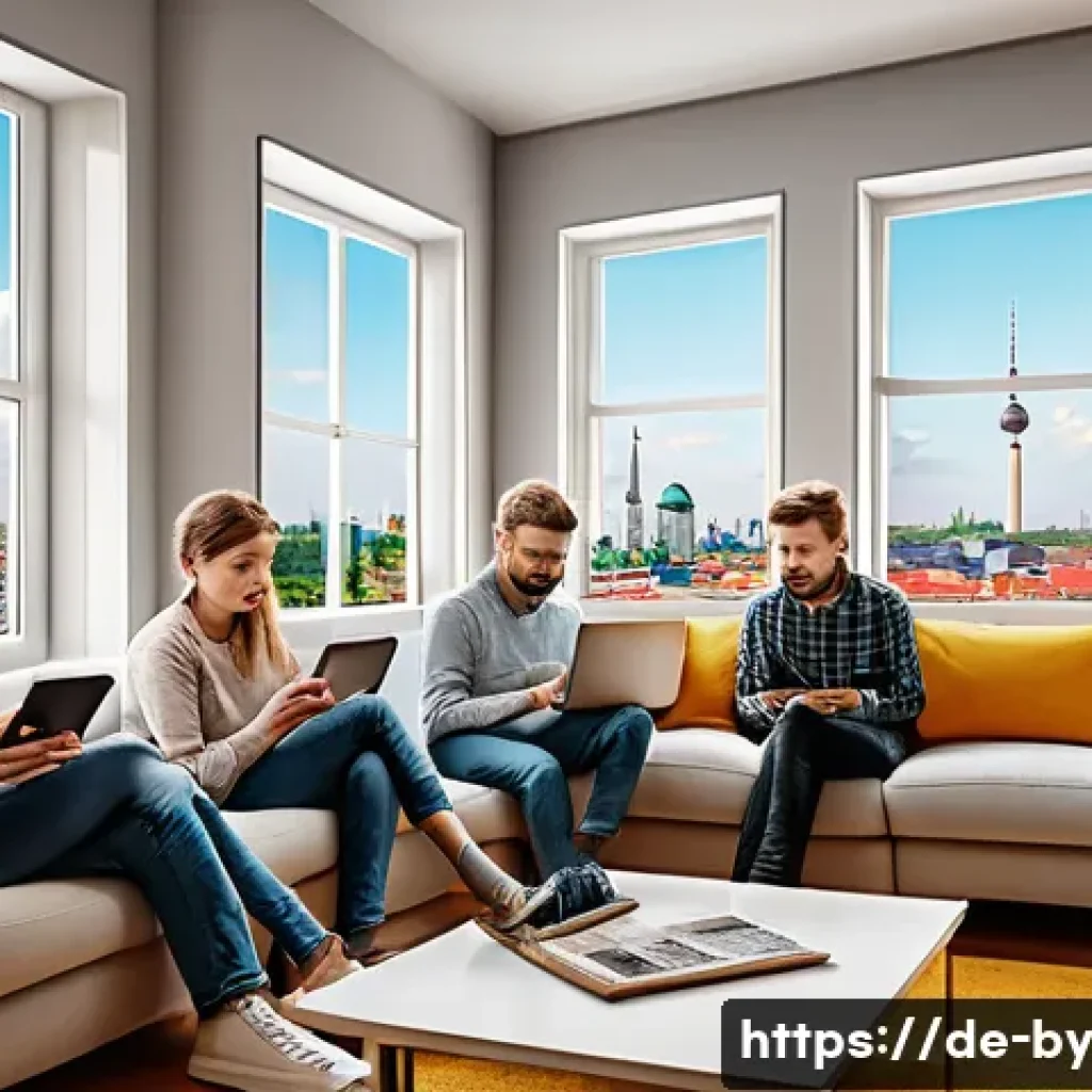 가짜뉴스와 사회적 불신의 관계 - A detailed digital artwork depicting a diverse group of German adults and teenagers in a modern livi...