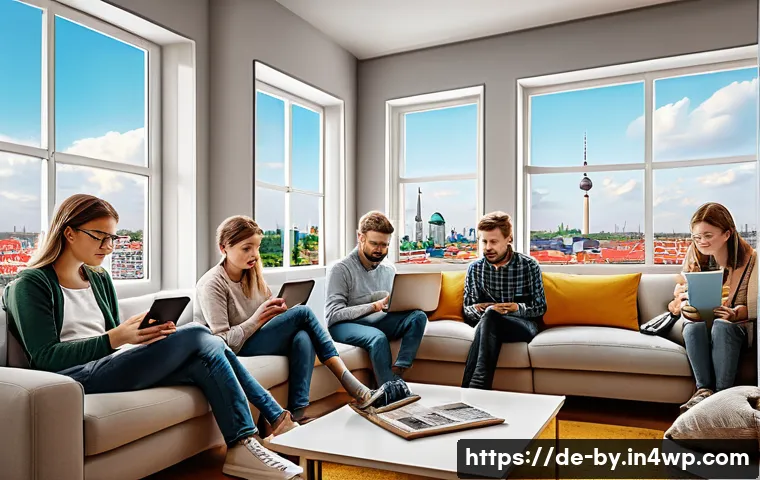 가짜뉴스와 사회적 불신의 관계 - A detailed digital artwork depicting a diverse group of German adults and teenagers in a modern livi...