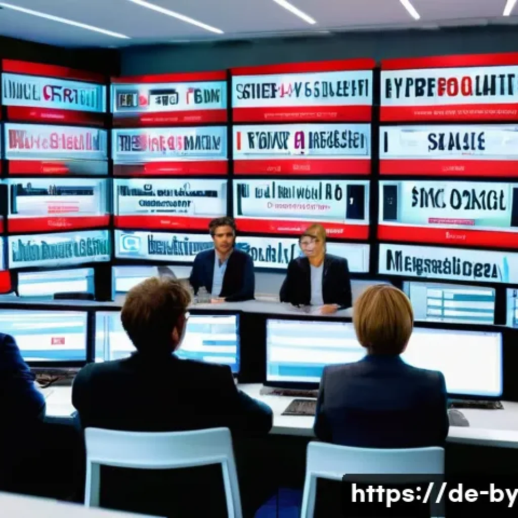 가짜뉴스의 언어적 특징 - A modern German newsroom setting with a diverse group of journalists analyzing emotionally charged h...