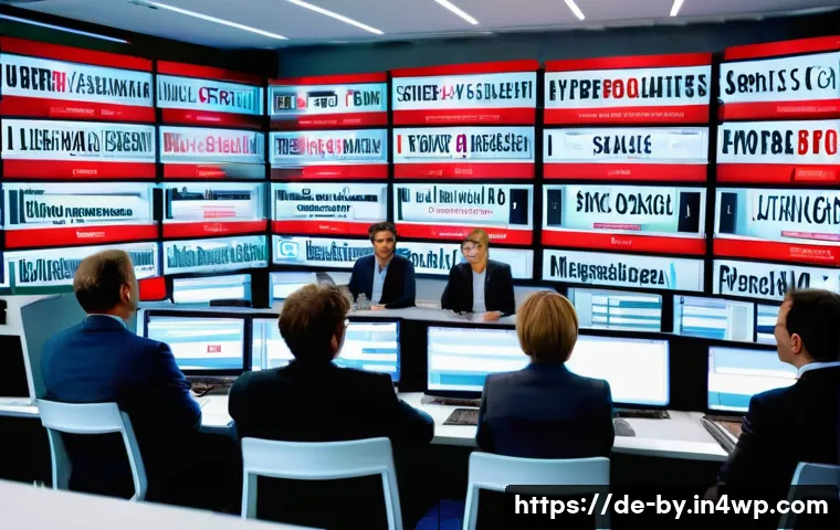 가짜뉴스의 언어적 특징 - A modern German newsroom setting with a diverse group of journalists analyzing emotionally charged h...