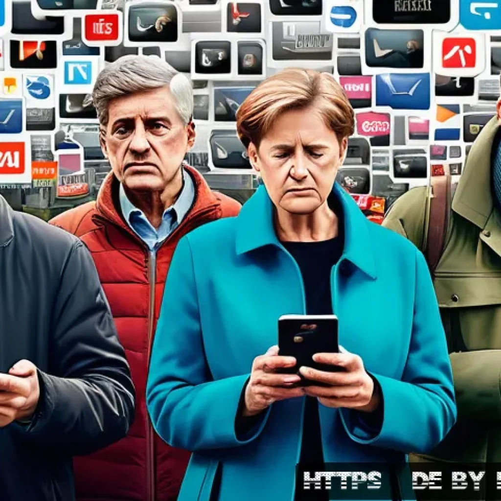 사례 분석  유명한 가짜뉴스 이야기 - A detailed digital illustration showing a diverse group of German citizens in a modern urban setting...