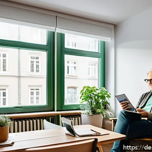 가짜뉴스의 과학적 접근 - A modern German living room scene with a middle-aged person sitting thoughtfully at a desk, surround...