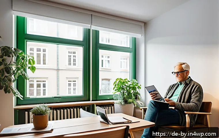 가짜뉴스의 과학적 접근 - A modern German living room scene with a middle-aged person sitting thoughtfully at a desk, surround...